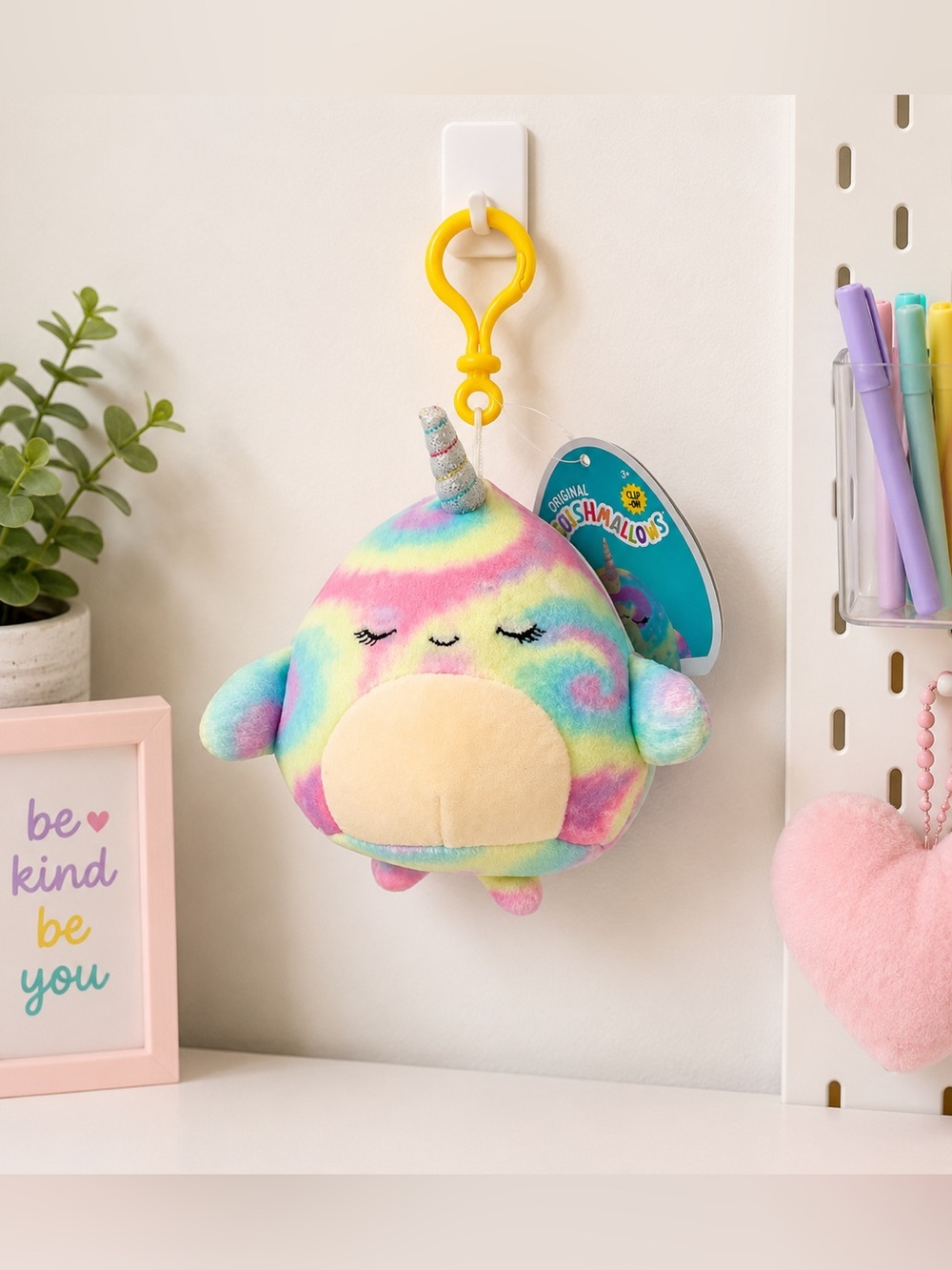Squishmallows Pastel Rainbow Narwhal Clip-On Plush Keychain NWT Soft Collectible